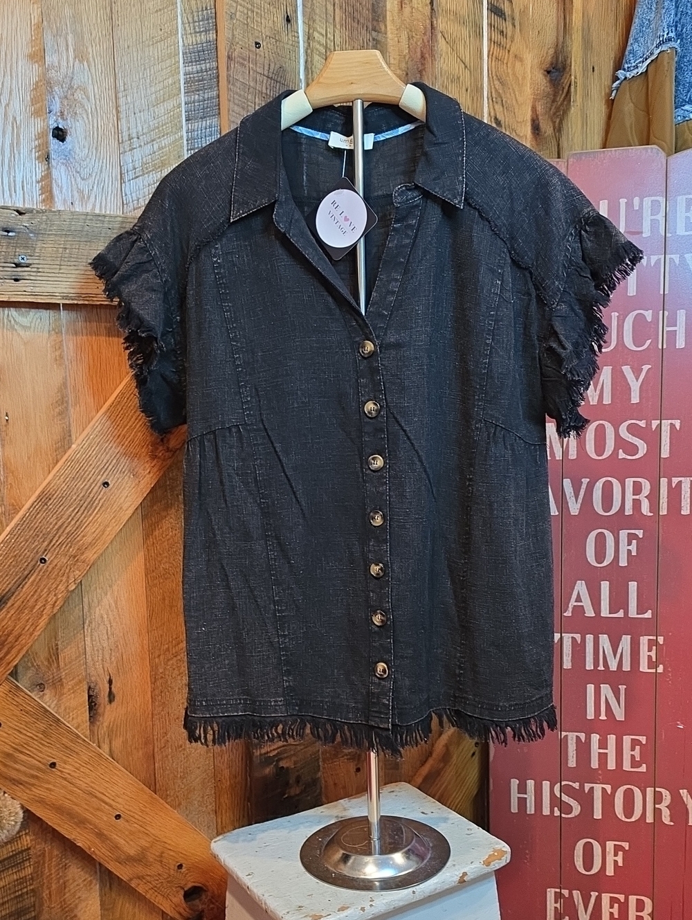 104p Umgee Black Button-Front Frayed Short-Sleeve Shirt